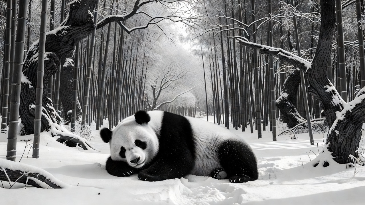 Beautiful monochromatic Giant Panda resting peacefully in a crisp black and white forest layout, premium styling