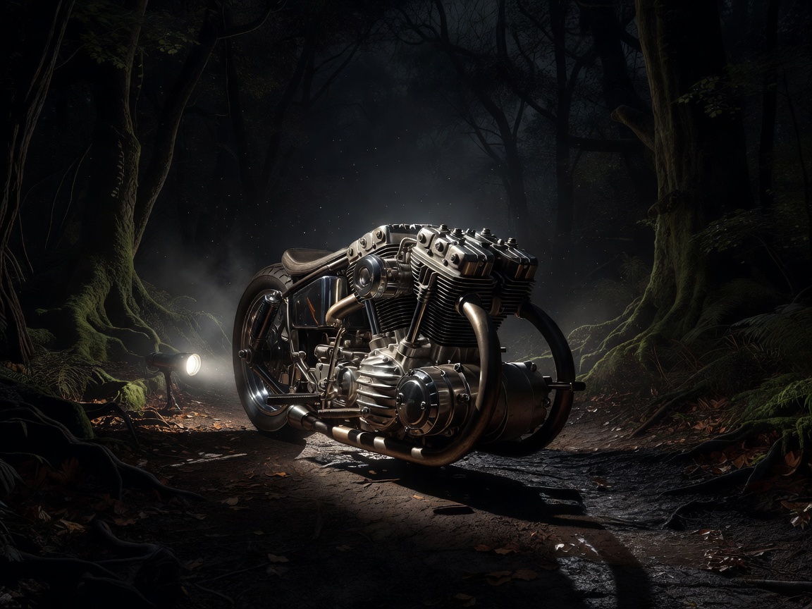 Engine block of high-end vintage custom motorcycle under low-key dramatic lighting on a dark forest path