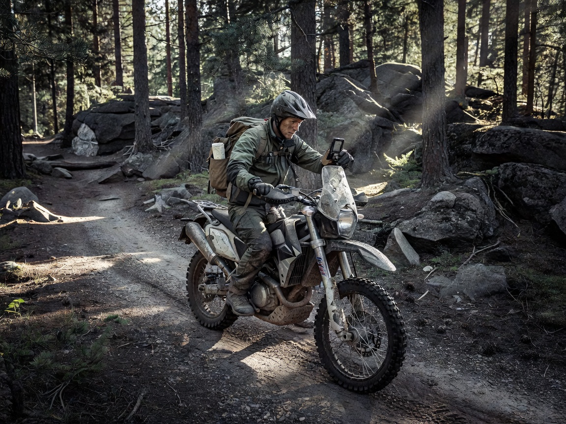 Sleek custom motorcycle traveling down a quiet monochrome woodland trail